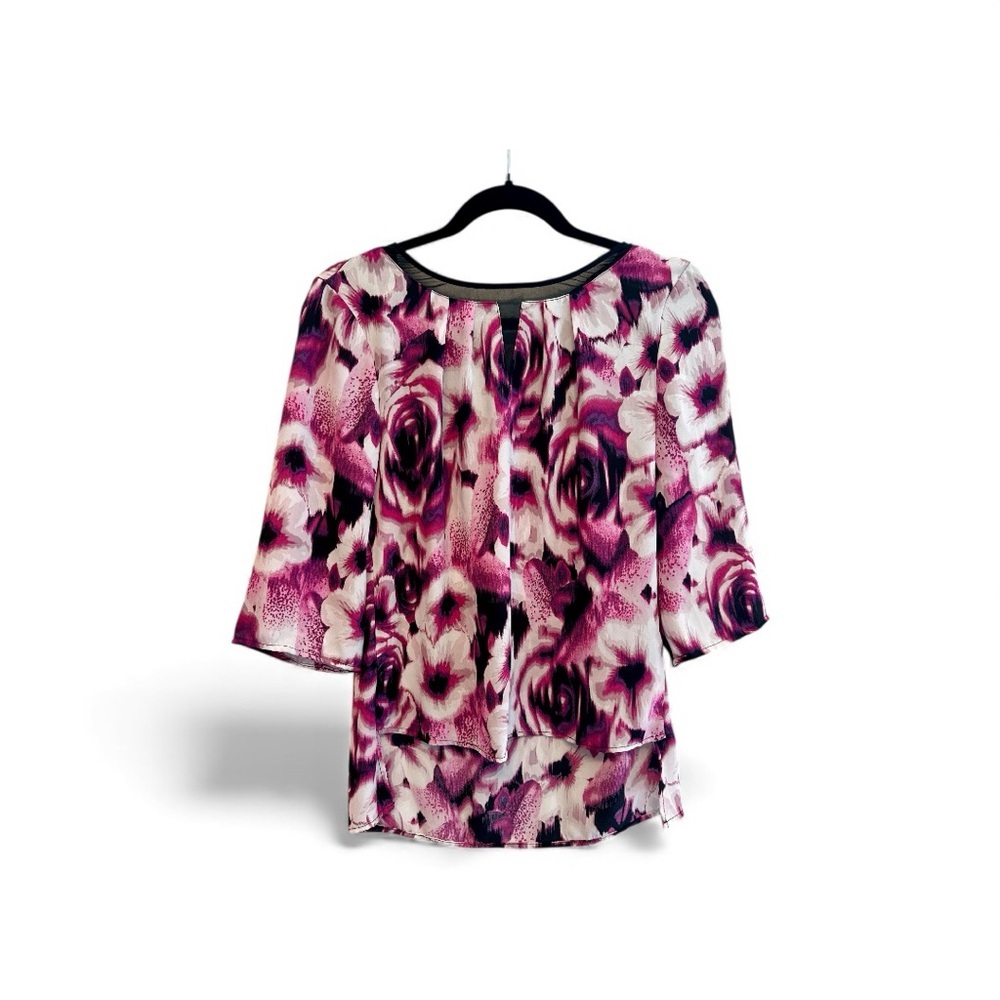 Dana Buchman Purple and Black Floral Blouse Small